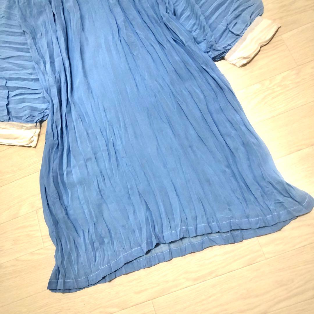 トリココムデギャルソン　プリーツ加工ワンピース　シフォンジョーゼット　バイカラー