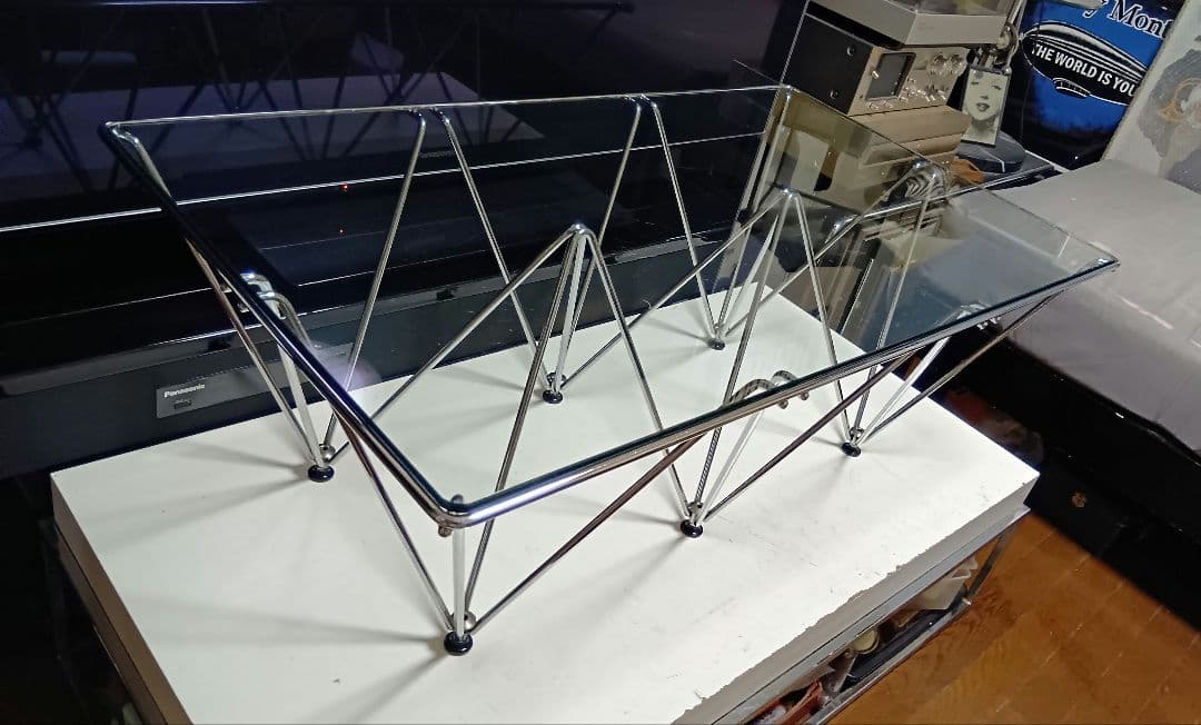レア　1980's　スペースエイジ　メタル　タワーフレーム　ガラス　テーブル