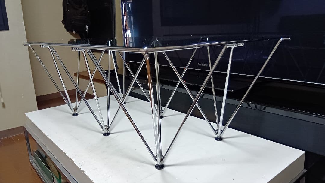 レア　1980's　スペースエイジ　メタル　タワーフレーム　ガラス　テーブル