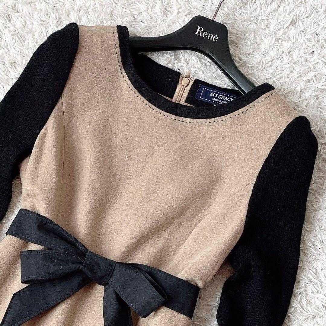 【美品】エムズグレイシー ドッキングワンピース ウール ブラック×キャメルひざ丈