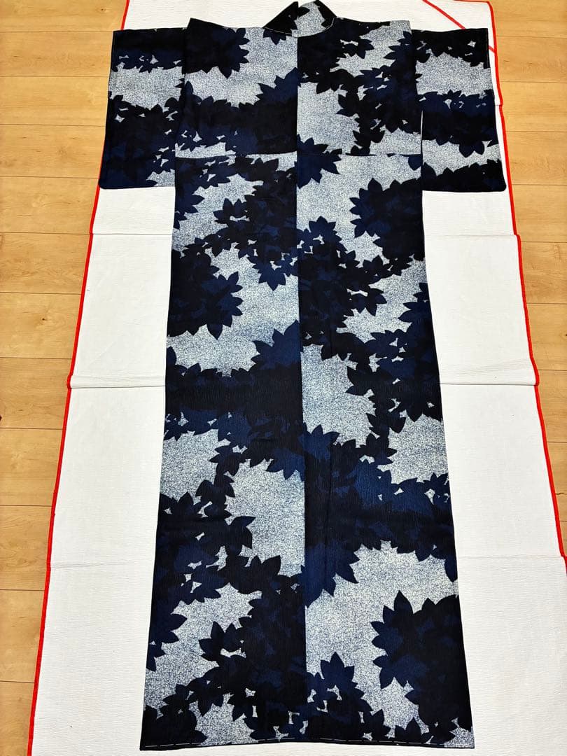年末年始セール！　小紋　藍染　リーフ模様　裄67cm 正絹