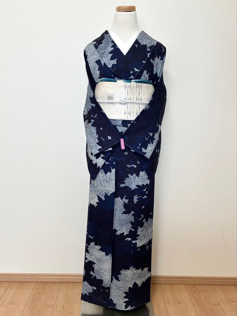 年末年始セール！　小紋　藍染　リーフ模様　裄67cm 正絹