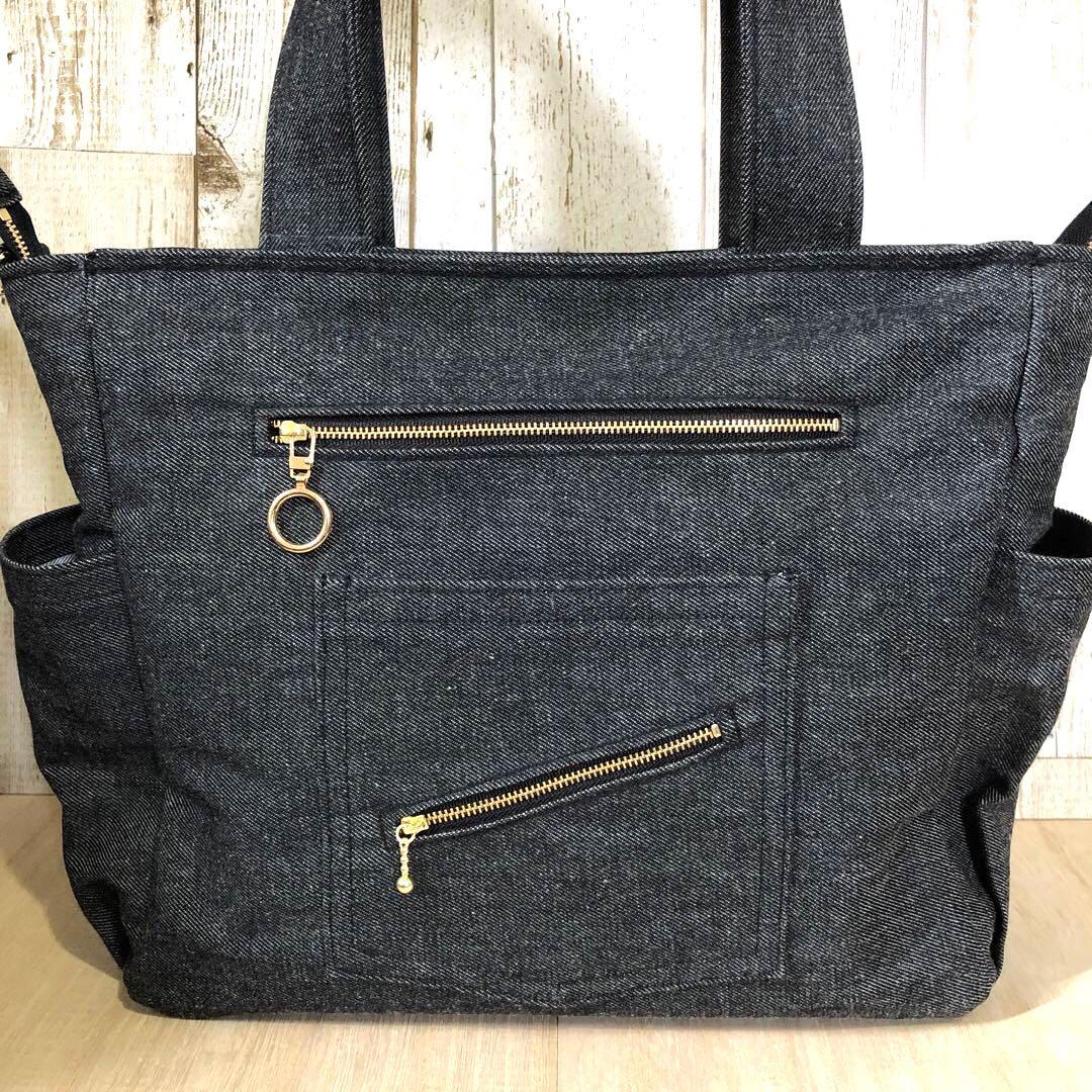 ダル　デニムトートバッグ　ブラック　ゴールド　A4サイズ　両開きファスナー