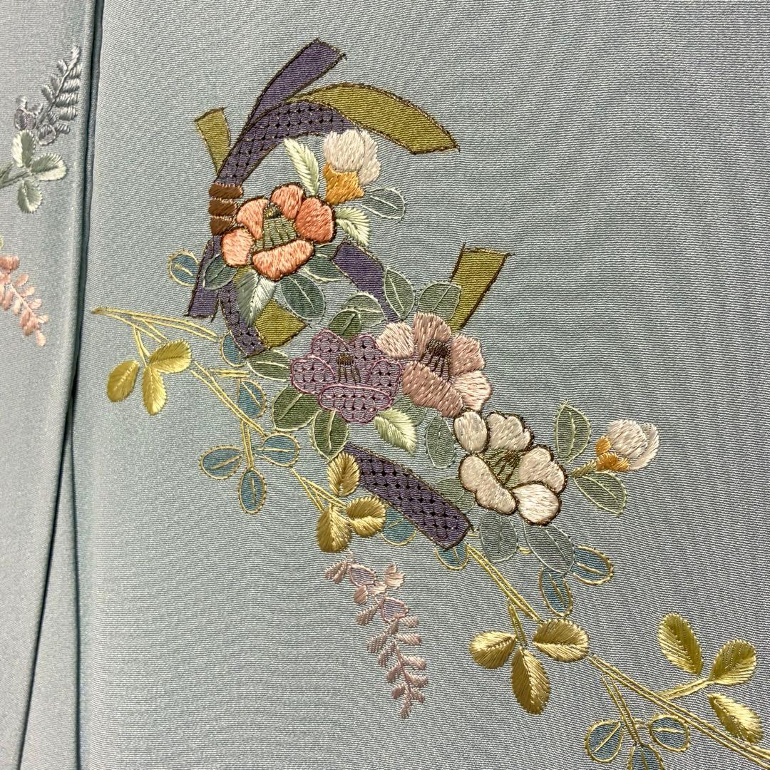 D193 訪問着　汕頭・蘇州刺繍　総刺繍　花模様　正絹　着物　袷