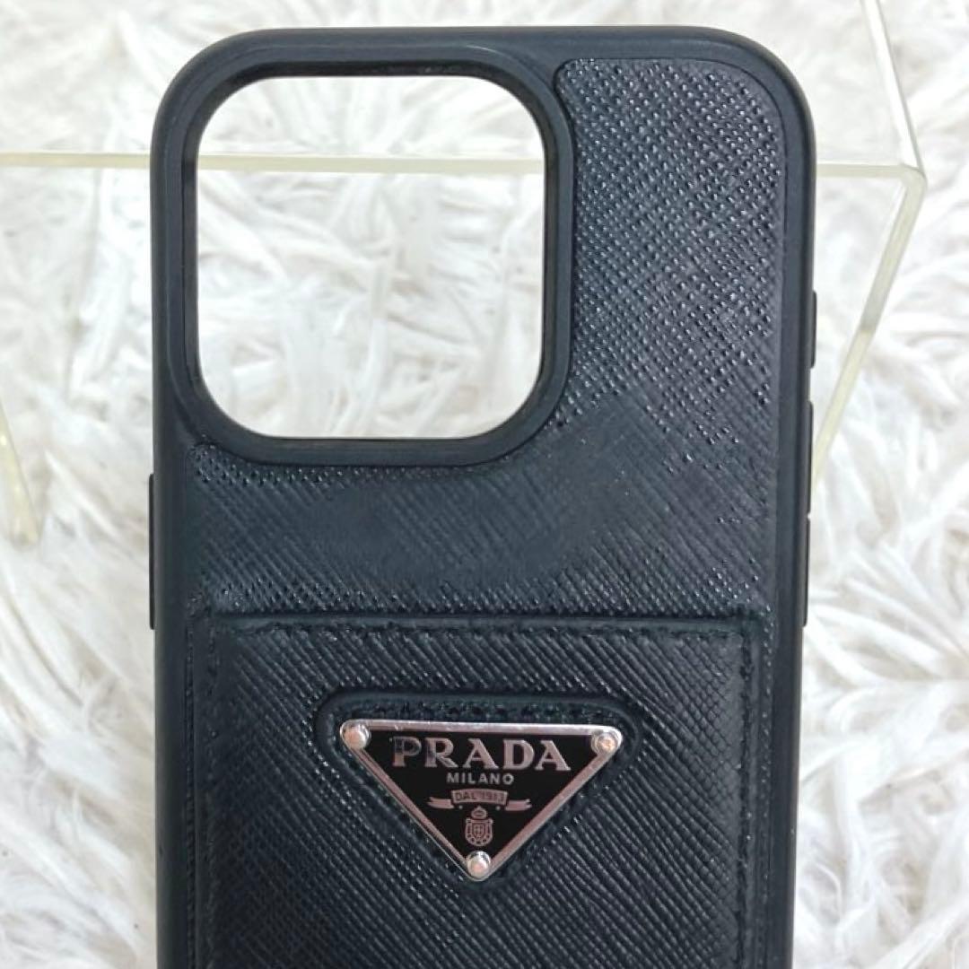 ✨プラダ iPhoneケース 14Pro プロ 三角ロゴ サフィアーノ レザー黒