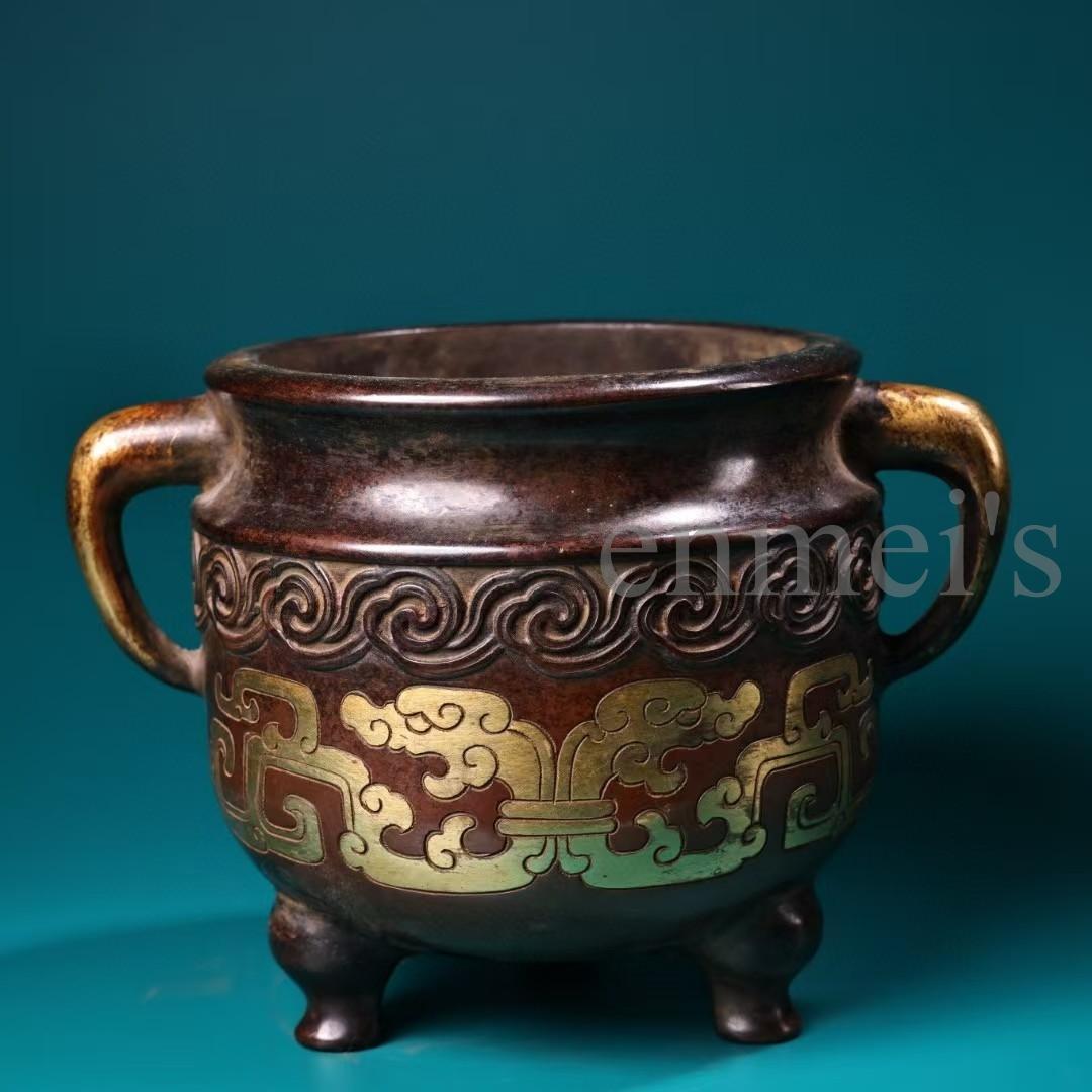 中国古美術・旧蔵純紫銅製・高浮彫鎏金香炉・純手作り・三本脚・置物・仏具・文房具