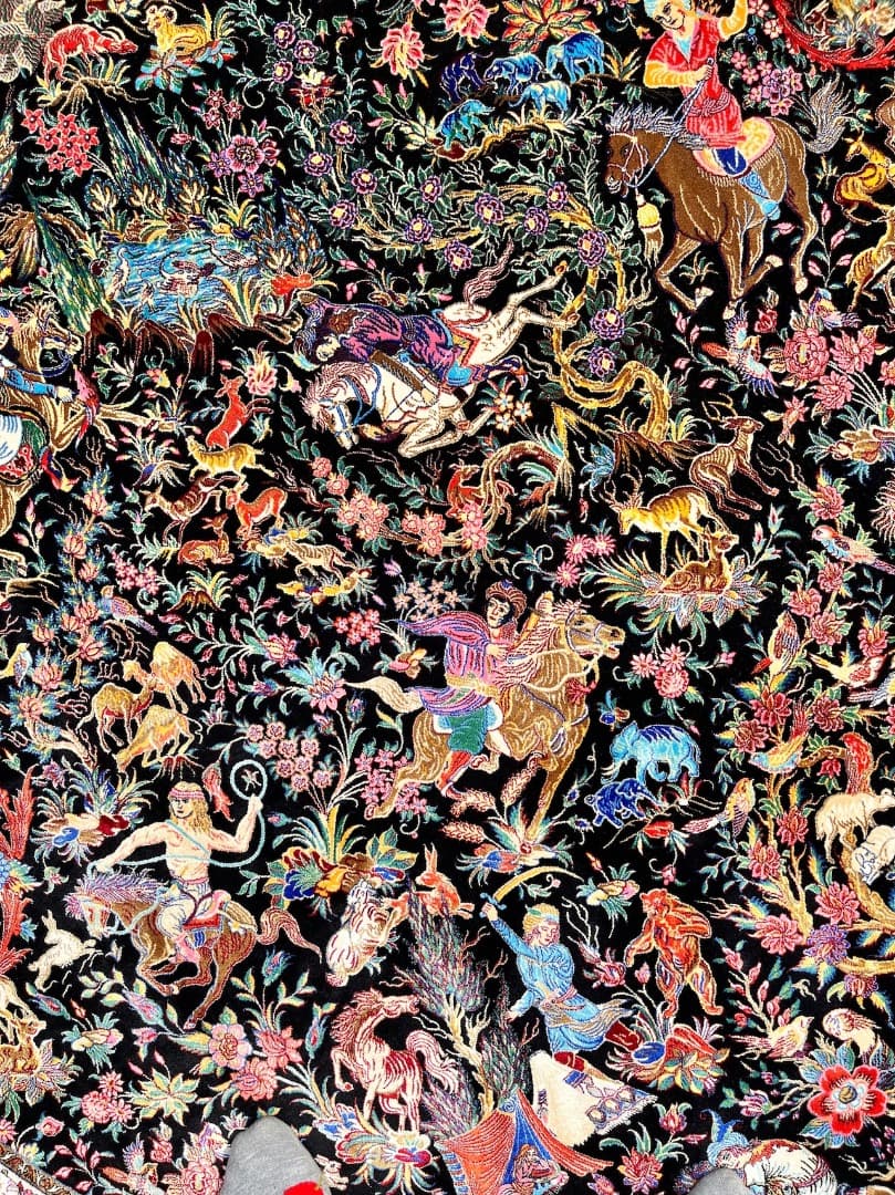 円形高級絨毯【 円形1.5m】バンブーシルク ラグ 花柄 動物柄 フリンジ付き