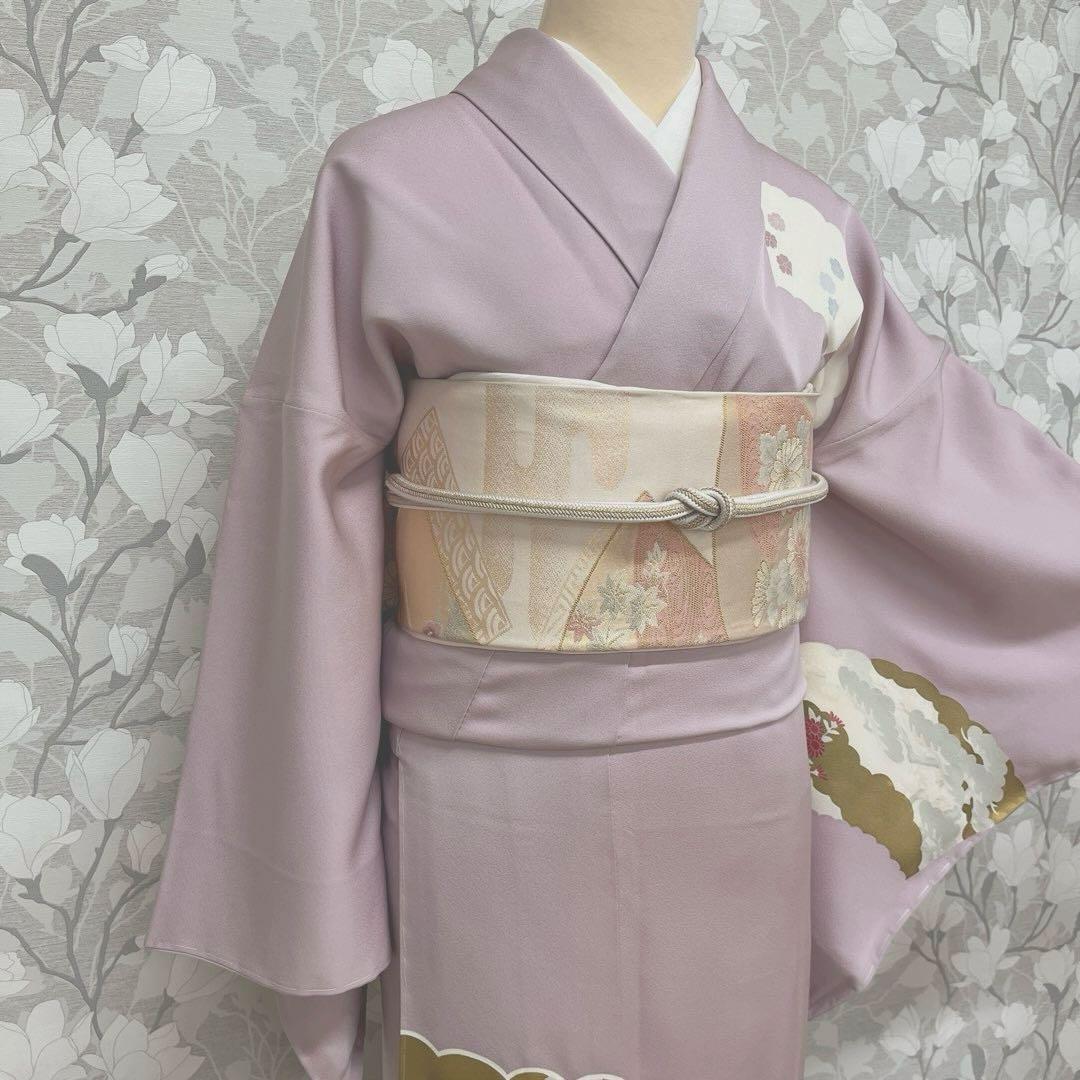 正絹 訪問着 扇面重文(未使用品)袋帯セット【裄69cm】