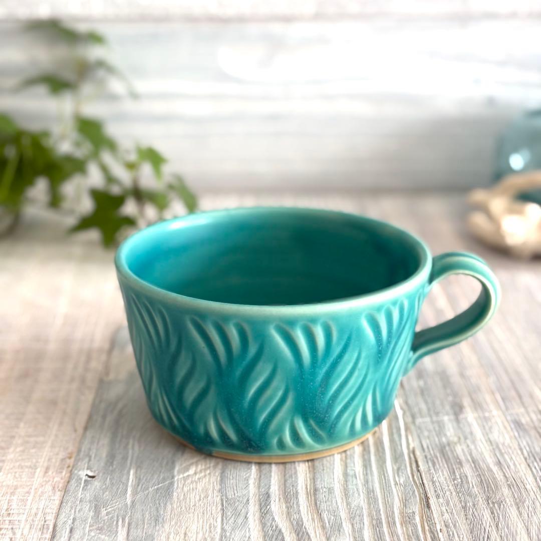 しのぎスープカップ スープボウル ターコイズ 2個セット 益子焼