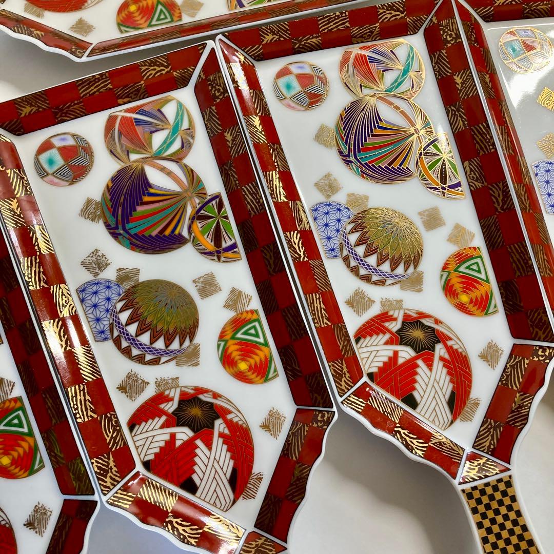 前畑陶器 庫山窯 色絵手まり 羽子板突出皿 5枚セット お正月　おもてなし