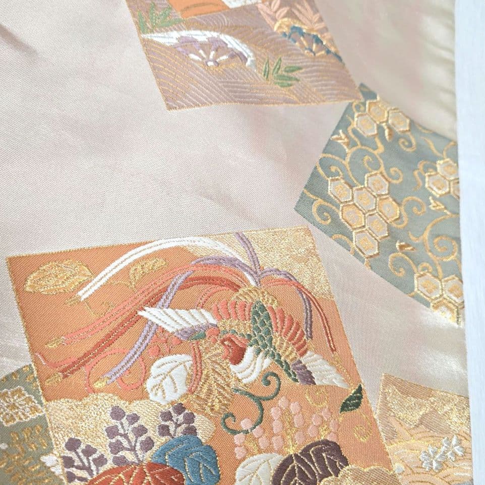 ペールオレンジ草花訪問着と袋帯・帯揚げ帯締めの4点フルセット