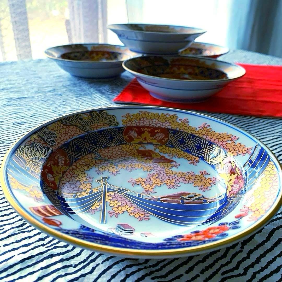 有田焼　伝統工芸士　緒方松右衛門作　金彩深皿5客未使用美品16×3.8大幅値下げ