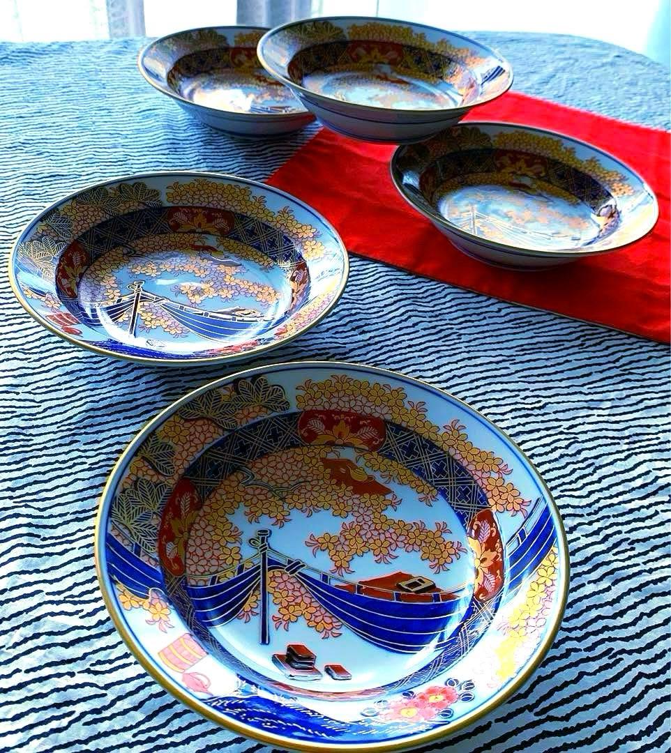 有田焼　伝統工芸士　緒方松右衛門作　金彩深皿5客未使用美品16×3.8大幅値下げ