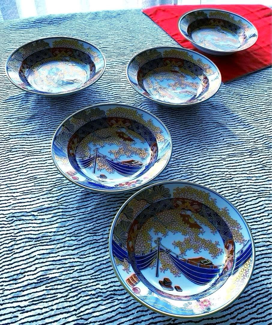 有田焼　伝統工芸士　緒方松右衛門作　金彩深皿5客未使用美品16×3.8大幅値下げ