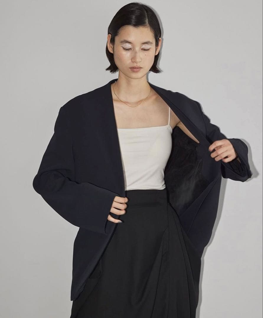 TODAYFULカラーレスツイルジャケット　黒ノーカラーブラック