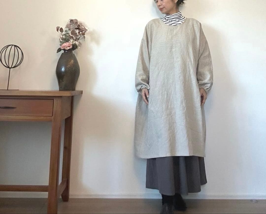 国産リネン100%　おしゃれな割烹着　キナリ　服作り40年の田舎町仕立屋