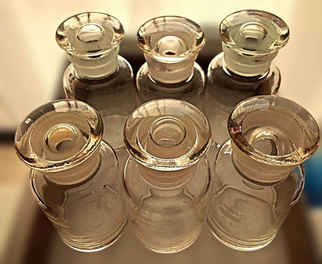 昭和レトロ 吹きガラス製 気泡有り 刻印入り 理化学硝子瓶 6本セット・美品