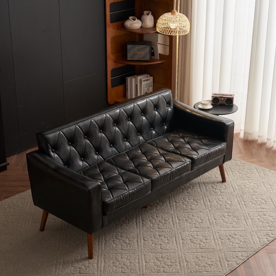 人気再入荷！ソファー 3人掛カウチソファリビングソファ 肘付オットマン ブラック