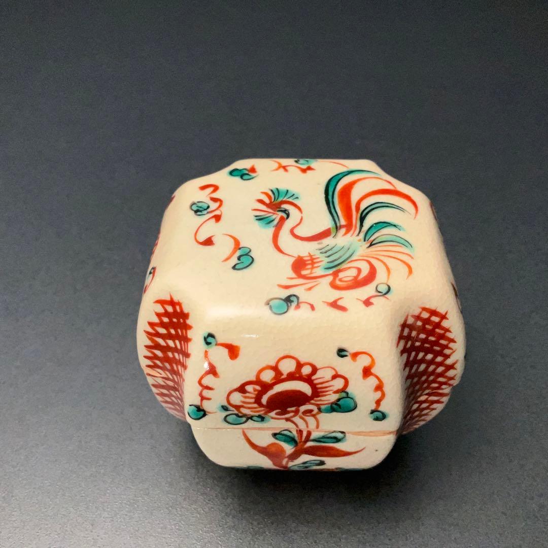 香合　赤絵呉須香合　瑞山　花鳥　共箱　R1232ダW