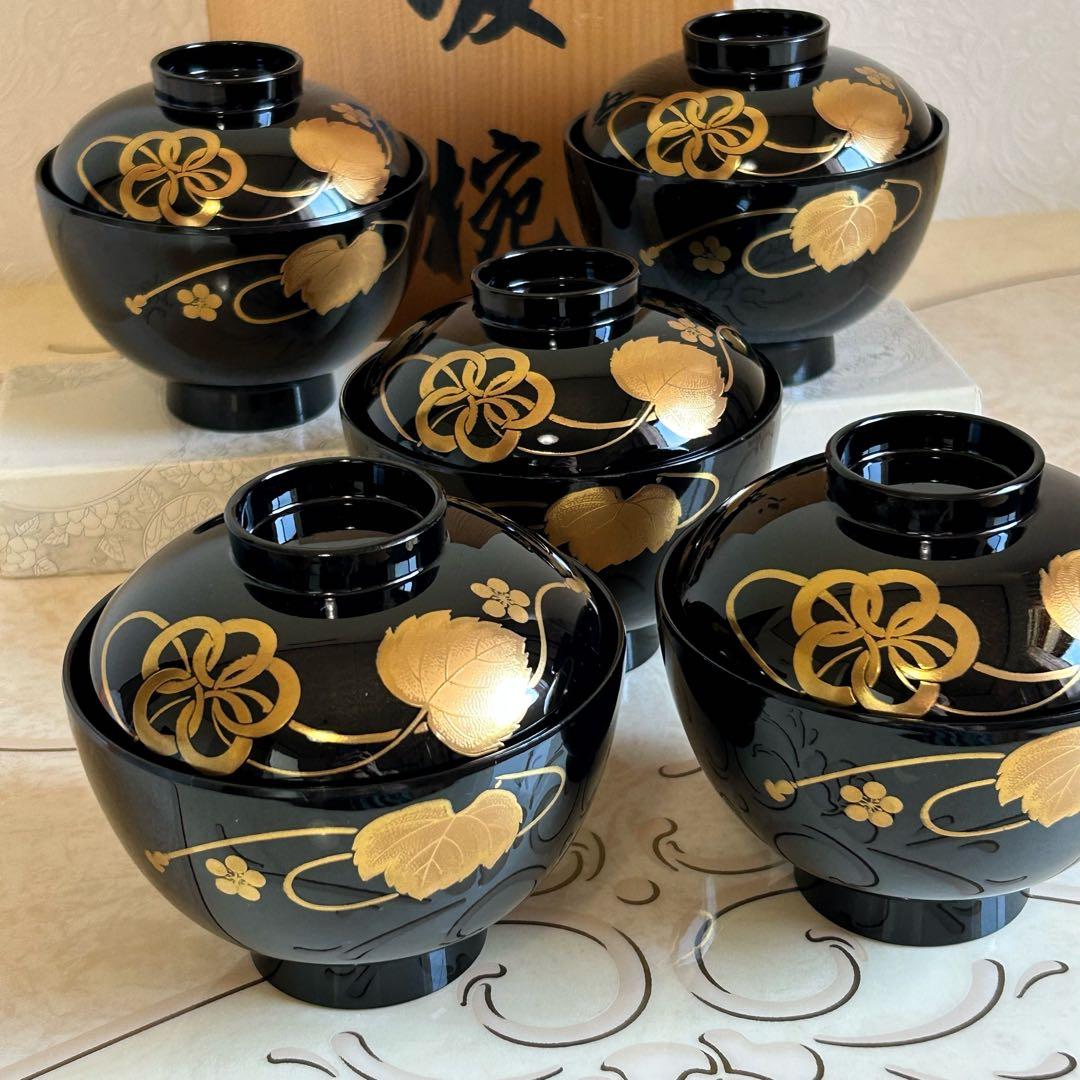 会津塗　金彩蒔絵蔦紋　蓋付きお吸い物椀　5客セット　漆器　汁碗　吸物椀揃