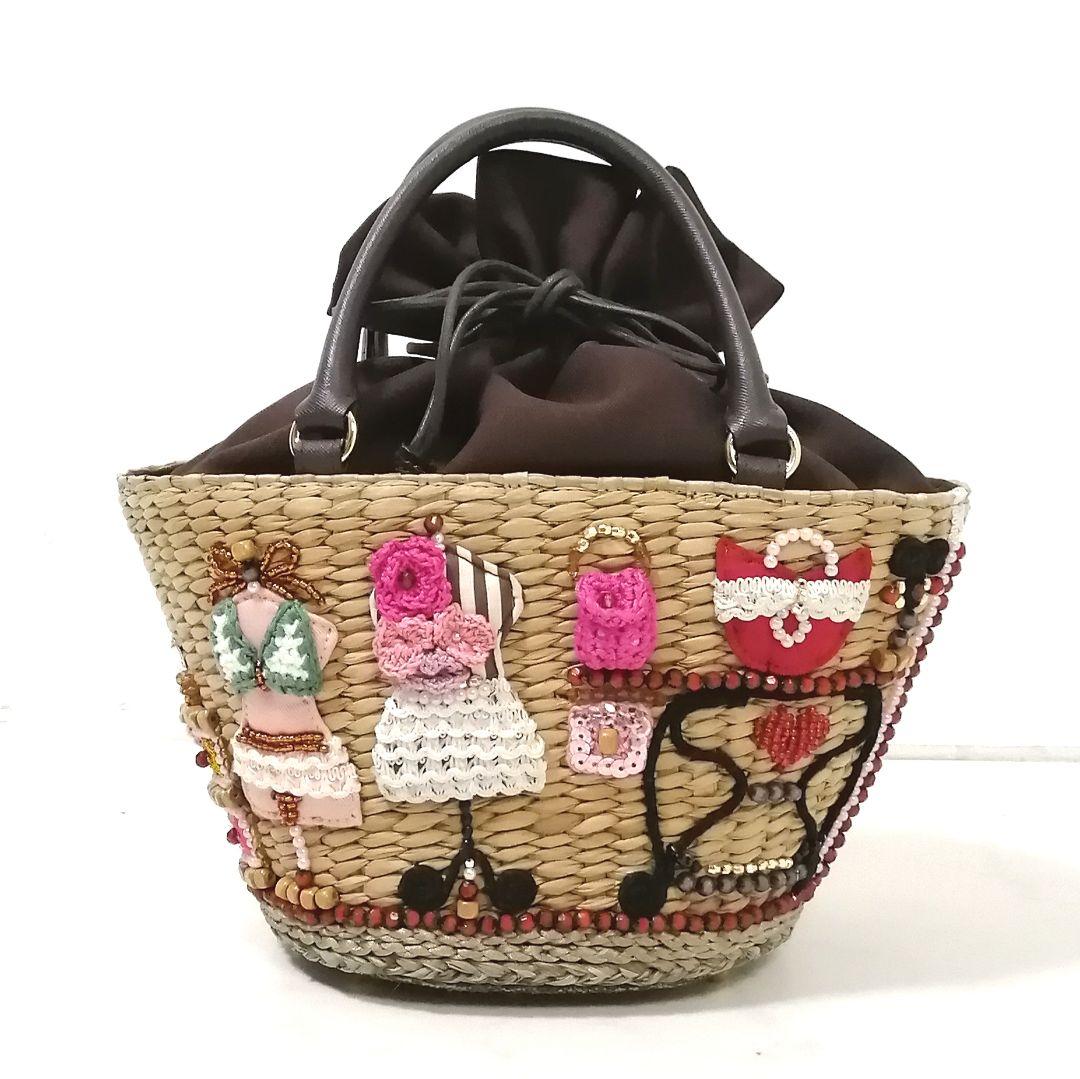 極美品✨ アルファジル　かごバッグ　ビーズ　ハンドバッグ　巾着　茶