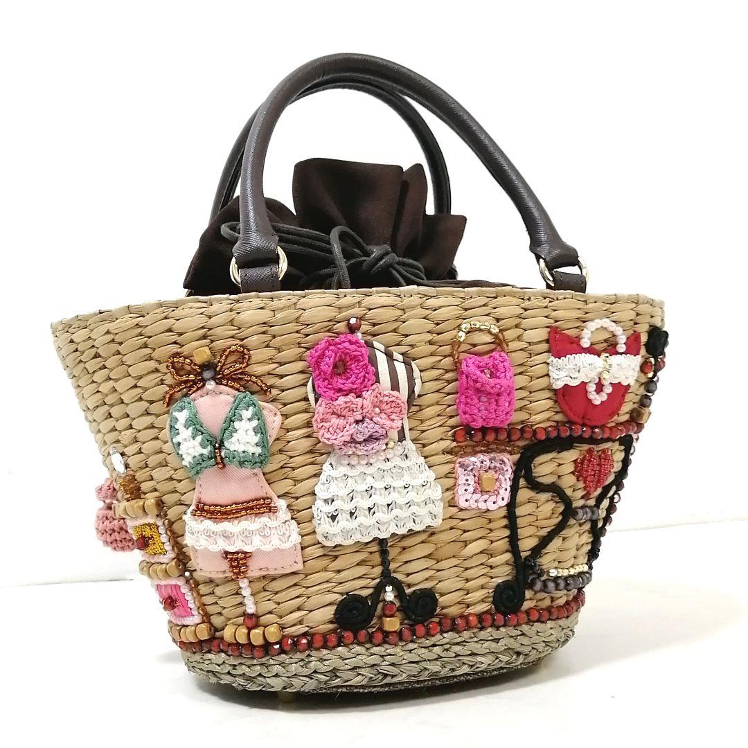 極美品✨ アルファジル　かごバッグ　ビーズ　ハンドバッグ　巾着　茶