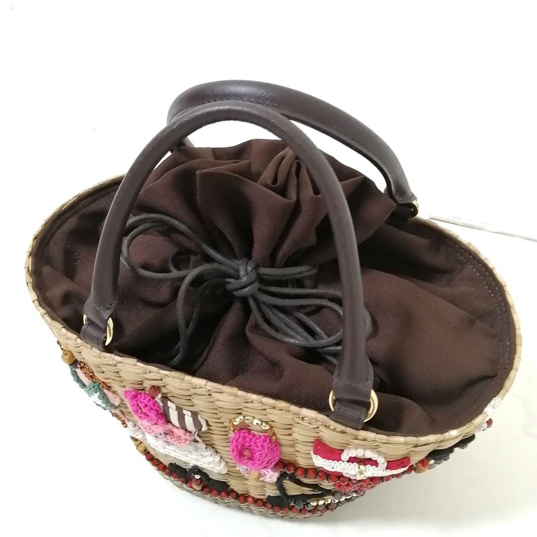 極美品✨ アルファジル　かごバッグ　ビーズ　ハンドバッグ　巾着　茶