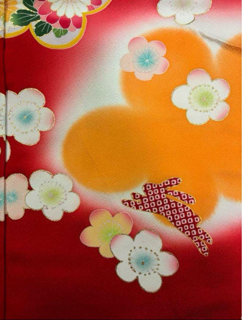 七五三　四ツ身女の子着物　正絹　仮絵羽　友禅　鮮やか赤　梅　可愛いうさぎ柄