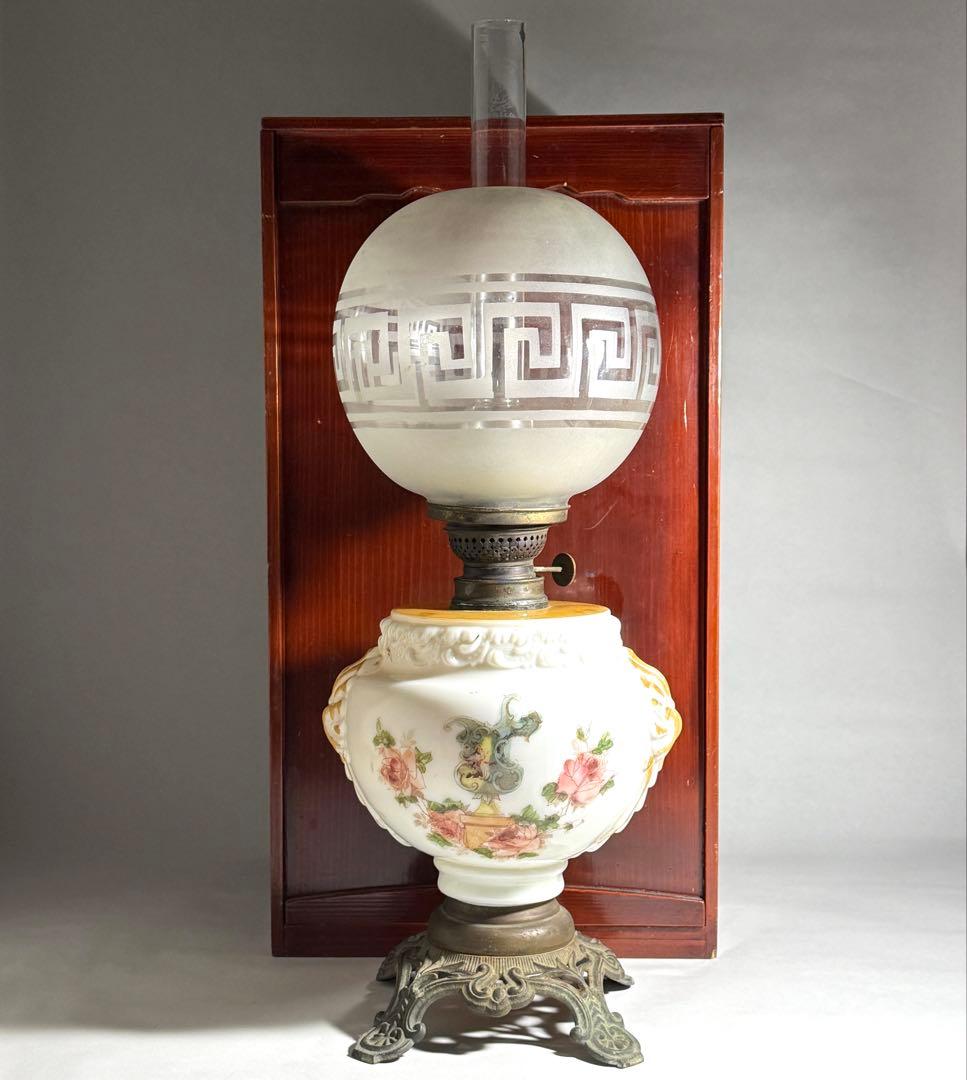 ◆希少 置きランプ 雷文擦り硝子火屋 ガラス絵乳白硝子オイル壺 明治時代◆