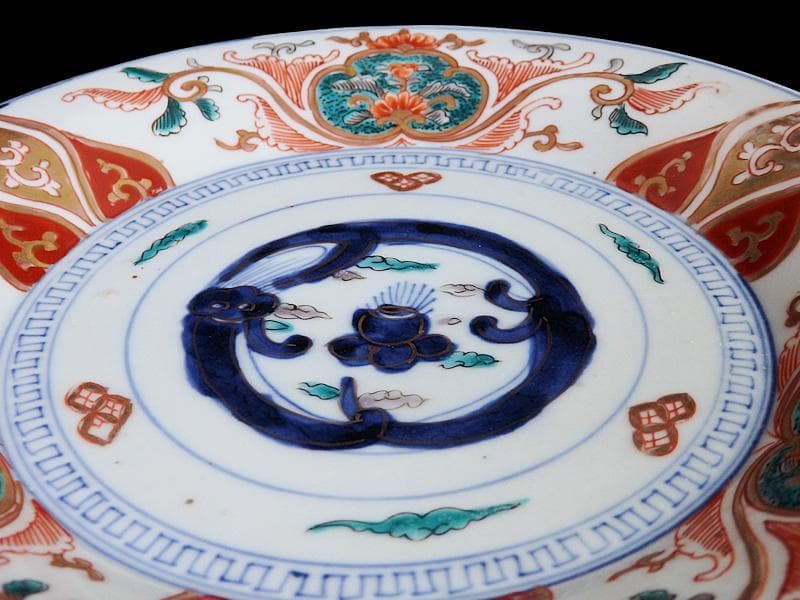 古伊万里　色絵　団龍紋に宝珠　花の図　７寸皿　３枚　珍品　C544AS-DBr
