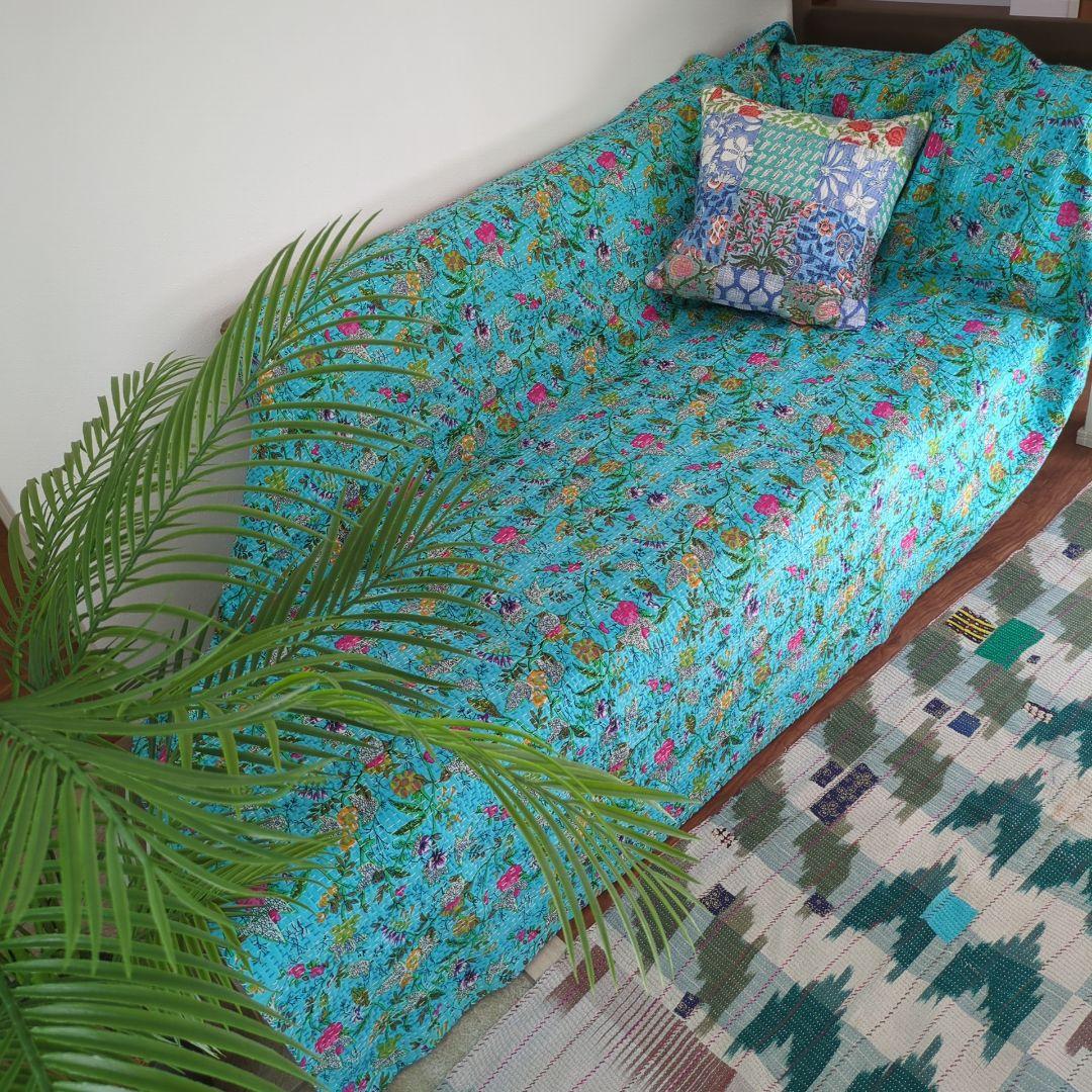 150❁︎ボタニカル 手作り カンタキルト マルチカバー 花 ターコイズ