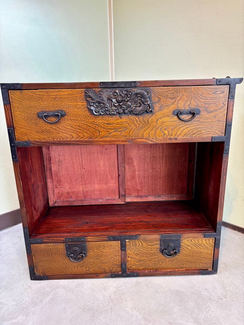 時代 帳場箪笥 【両面仕様】車箪笥 鍵付き 和モダン 古家具【鍵付き】