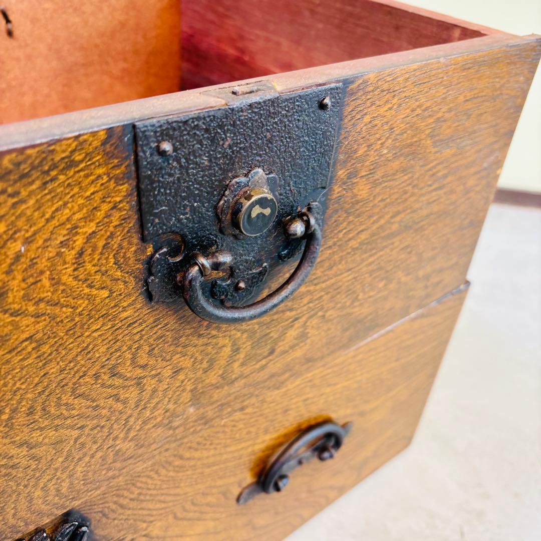 時代 帳場箪笥 【両面仕様】車箪笥 鍵付き 和モダン 古家具【鍵付き】