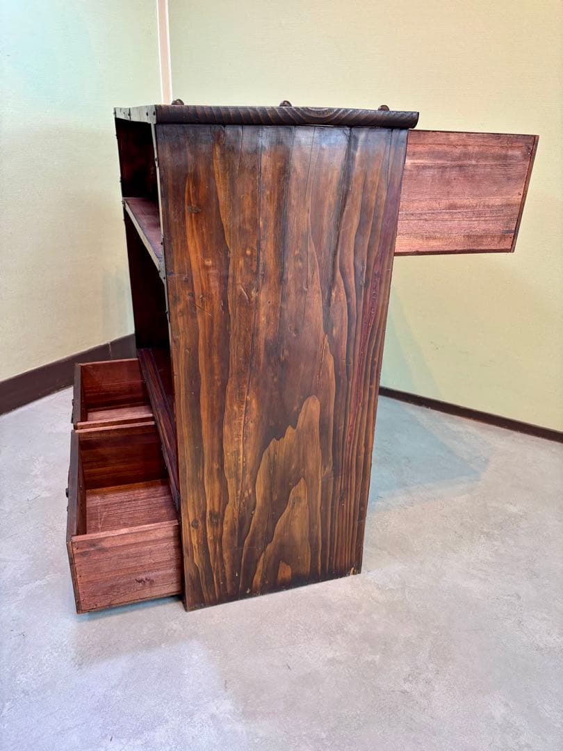 時代 帳場箪笥 【両面仕様】車箪笥 鍵付き 和モダン 古家具【鍵付き】