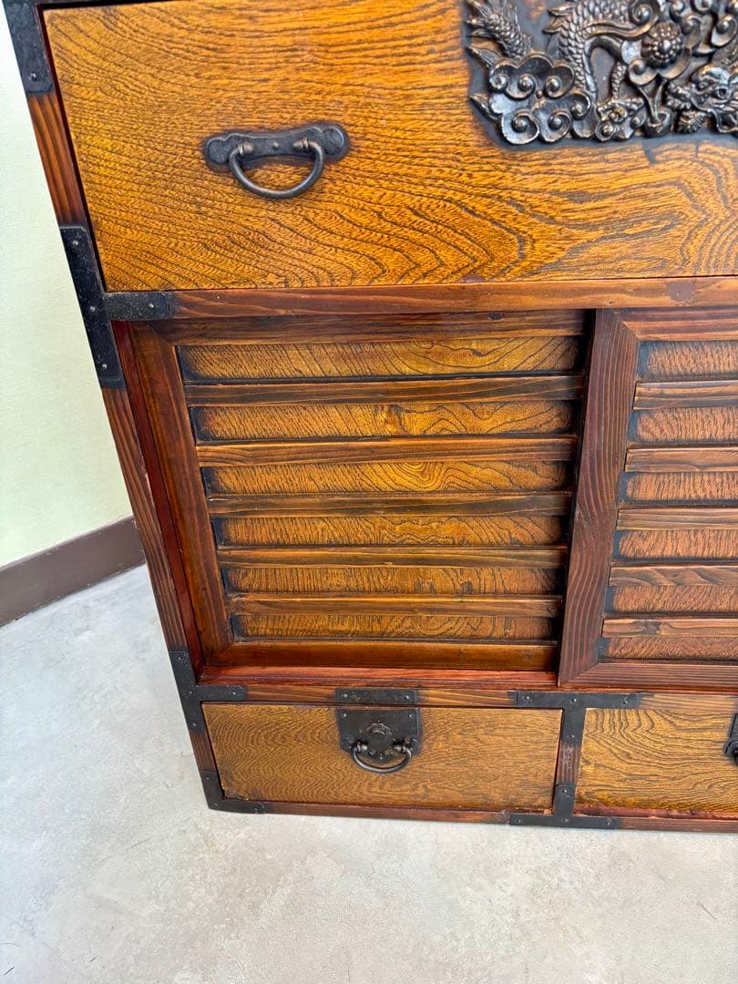 時代 帳場箪笥 【両面仕様】車箪笥 鍵付き 和モダン 古家具【鍵付き】