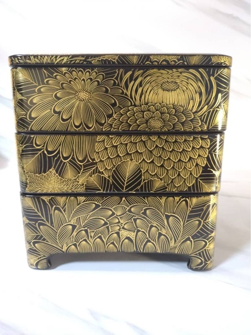 【W】未使用美品 輪島塗 総沈金 菊詰 三段重箱 6.5寸 黒塗 高級漆器