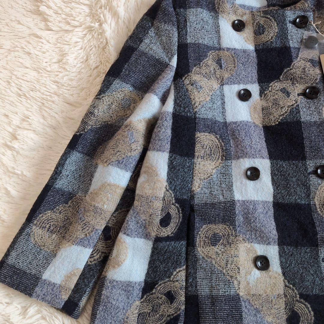 群言堂　根々　結びチェック　ノーカラーコート　ウール　ネイビー
