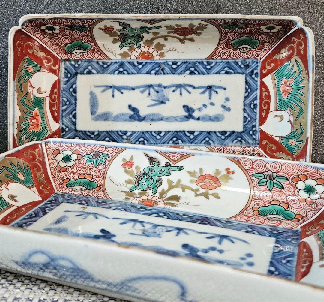 江戸時代末期　古伊万里　錦手　松竹梅に 獅子に菖蒲に鷺図　19.5cm長皿2客③