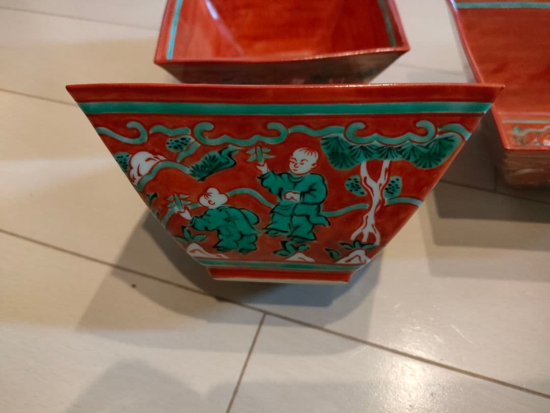 叶松谷　松谷窯　嘉靖意　赤絵　唐子画　向付　五客　組鉢　四角　懐石　会席　和食器