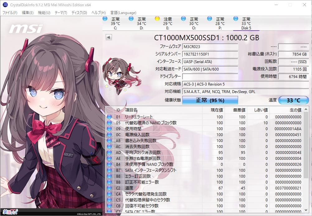 crucial 2.5インチ SATA SSD 1TB 使用時間6794時間