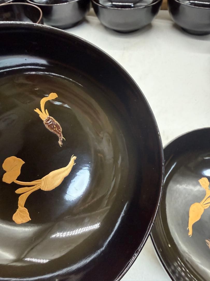 時代　輪島塗　黒蒔絵　大根模様吸い物椀9点　木製　共箱260204