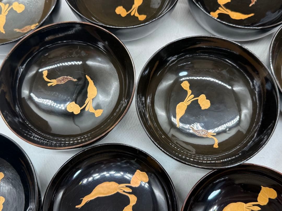 時代　輪島塗　黒蒔絵　大根模様吸い物椀9点　木製　共箱260204