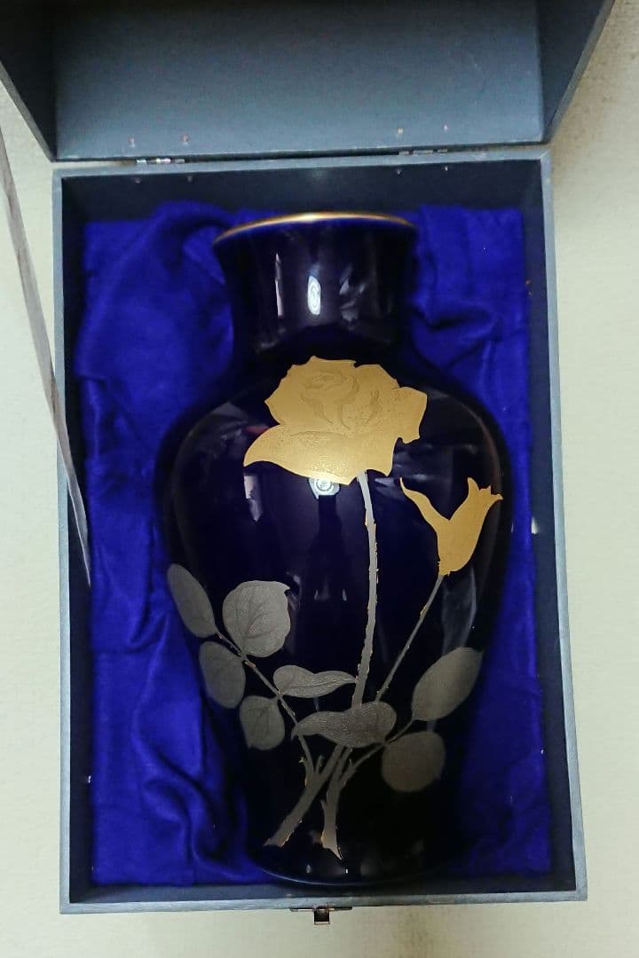 希少 大倉陶園 瑠璃 金蝕バラ 特注 花瓶 花器 金彩 銀彩