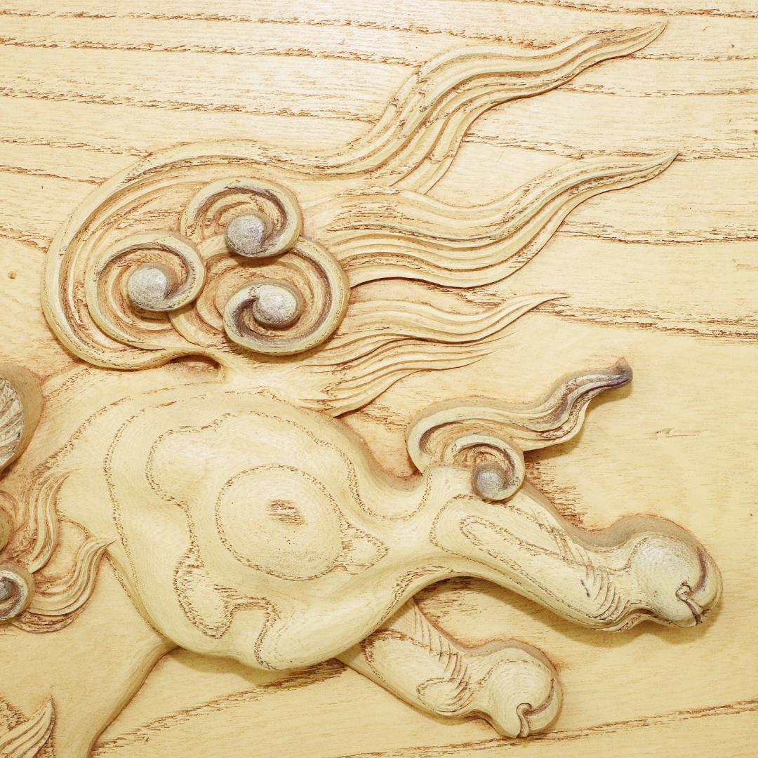 甫作 唐獅子 木彫 彫刻 狛犬 額装 絵画 美術 約58cm×約49cm