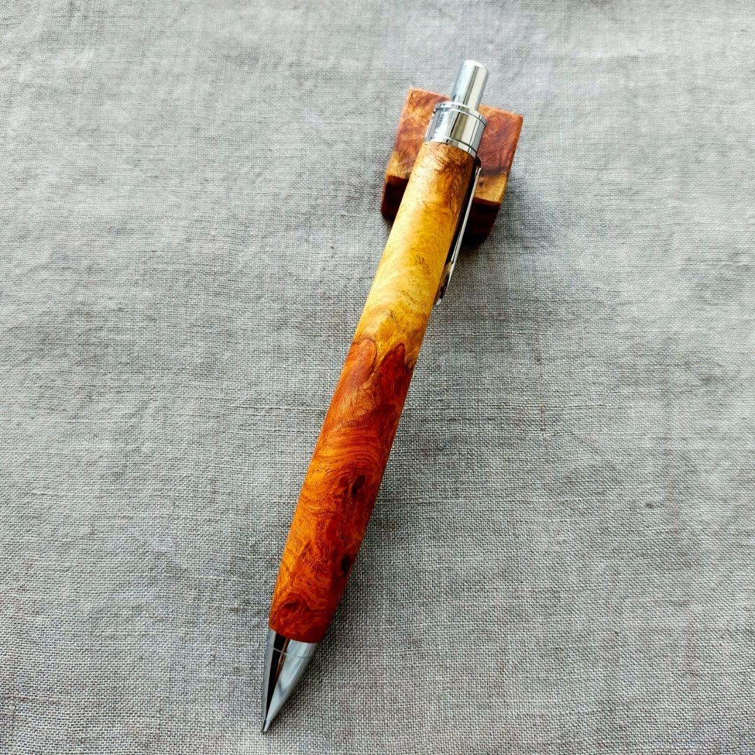 花梨瘤紅白　源平杢　ハンドメイド　木軸シャープペン　0.5mm　天然木　シルバー