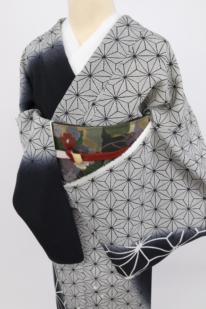 《長尺■訪問着◆大小麻の葉染分け■作家落款有■白黒◆袷正絹着物◆SB11-8》