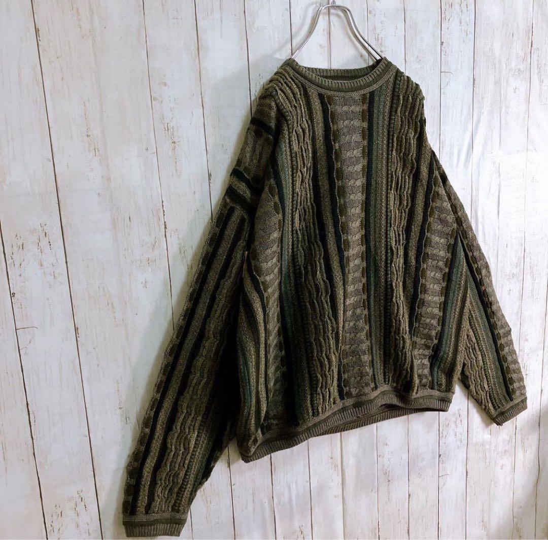 LAVANE USA製 アクリル 立体 総柄 3Dニット ダークグリーン系