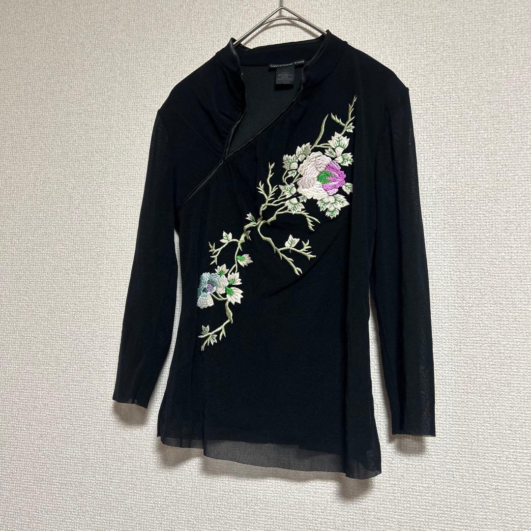Vivienne Tam 花柄刺繍 シアーブラウス ブラック チャイナ風 長袖