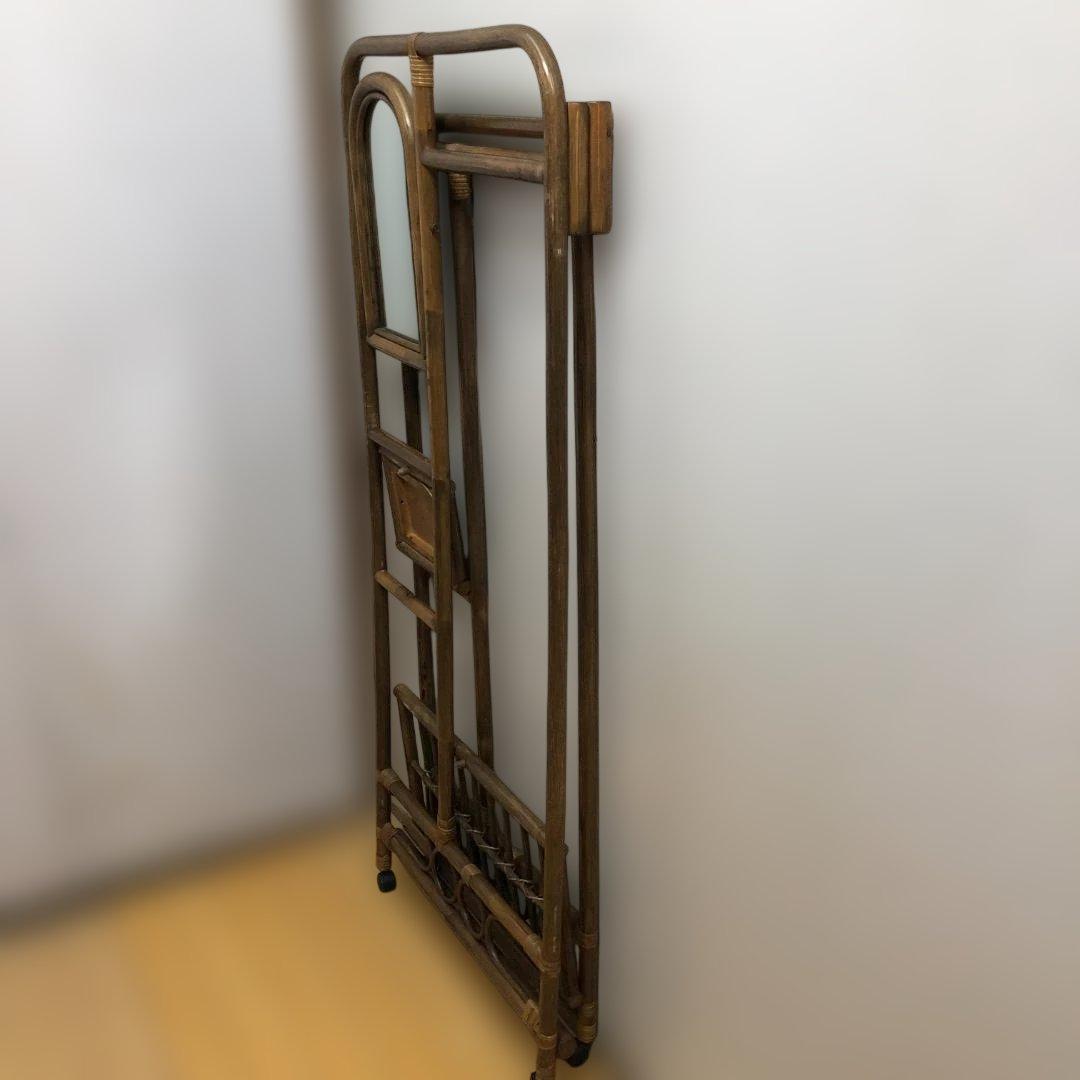 ラタン 籐製 ミラー付き ハンガーラック レトロ ヴィンテージ　260128-1