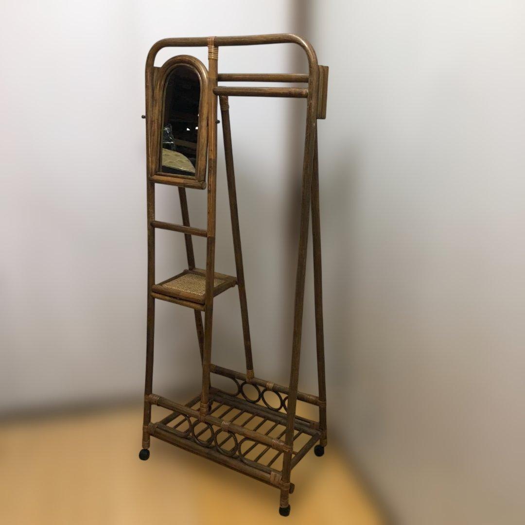 ラタン 籐製 ミラー付き ハンガーラック レトロ ヴィンテージ　260128-1
